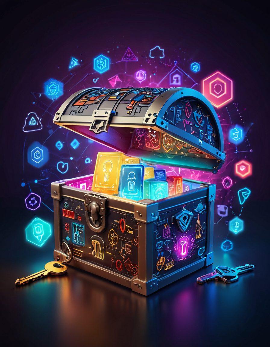 A futuristic key unlocking a glowing treasure chest filled with vibrant brand logos and symbolic icons representing success. Surrounding the key and chest are strategic maps and graphs showcasing brand development. The background features abstract patterns signifying creativity and recognition in marketing. super-realistic. vibrant colors. digital art.