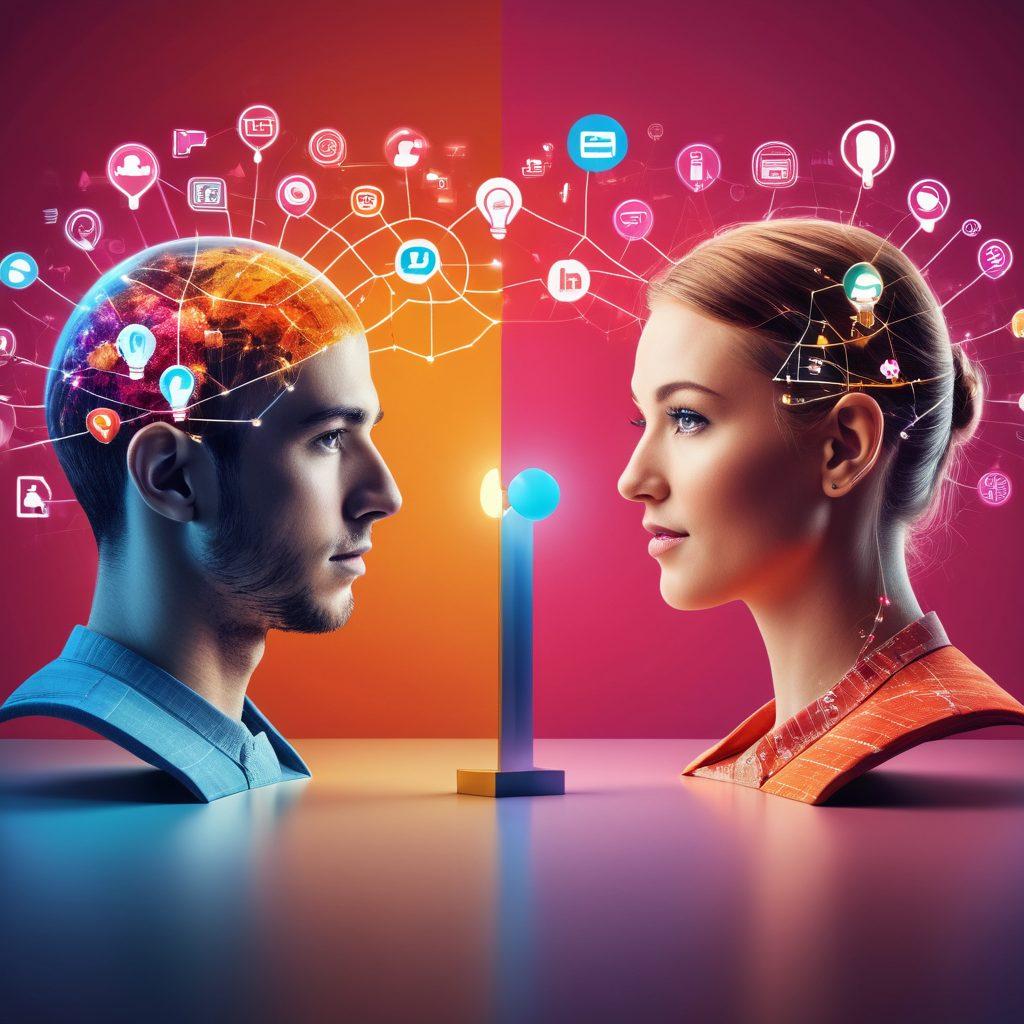 A dynamic split-image design illustrating both digital and personal branding; one half showcasing a vibrant digital landscape with social media icons and analytics graphs, while the other half features a professional networking scene with engaged individuals exchanging ideas. Include elements like lightbulbs for creativity and pathways symbolizing growth in both aspects. super-realistic. vibrant colors. 3D.
