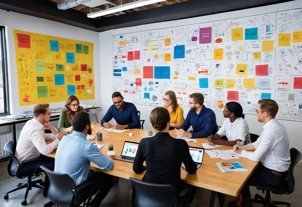 A creative scene depicting a diverse group of professionals brainstorming around a large table filled with colorful brand strategy charts and designs. In the background, a large mural illustrates the evolution of iconic brands, showcasing strong visuals of logos and slogan impacts. The atmosphere is vibrant and energetic, filled with bright colors that symbolize innovation and growth. Include elements like post-it notes, digital devices, and coffee cups to capture a dynamic workplace environment. super-realistic. vibrant colors. 3D.